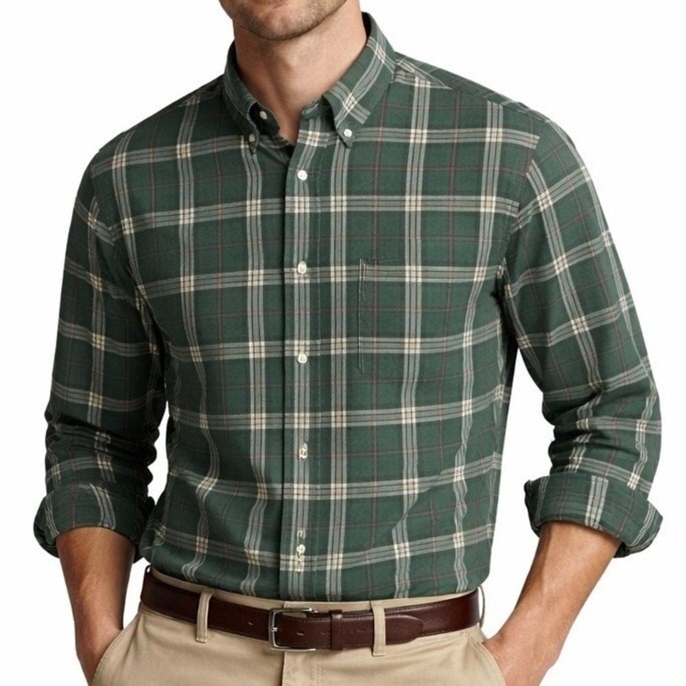 Brooks Brothers Regent Shirt Mens L Button Up Green Plaid Non Iron Supima Cotton - Picture 1 of 8